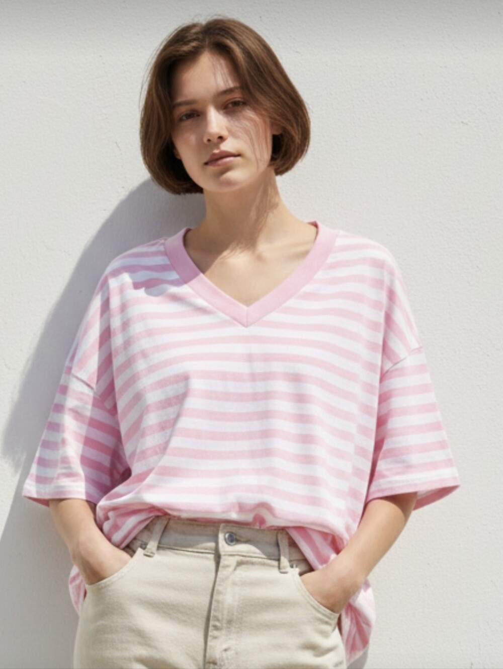 Women's Pink and White Striped V-Neck Short Sleeve Tee